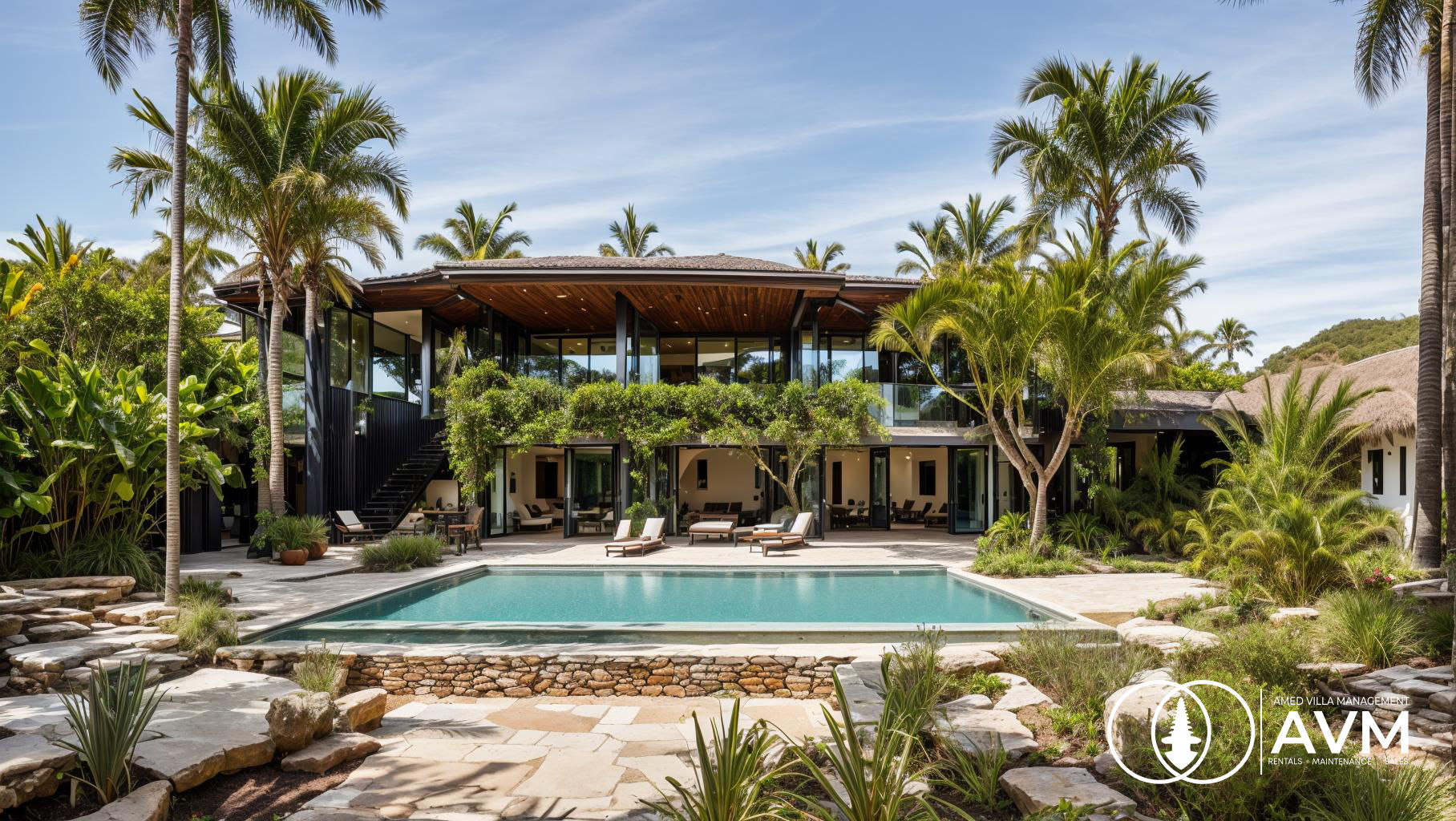 Beach front villa in Amed looking over the garden towards the Bali Sea.