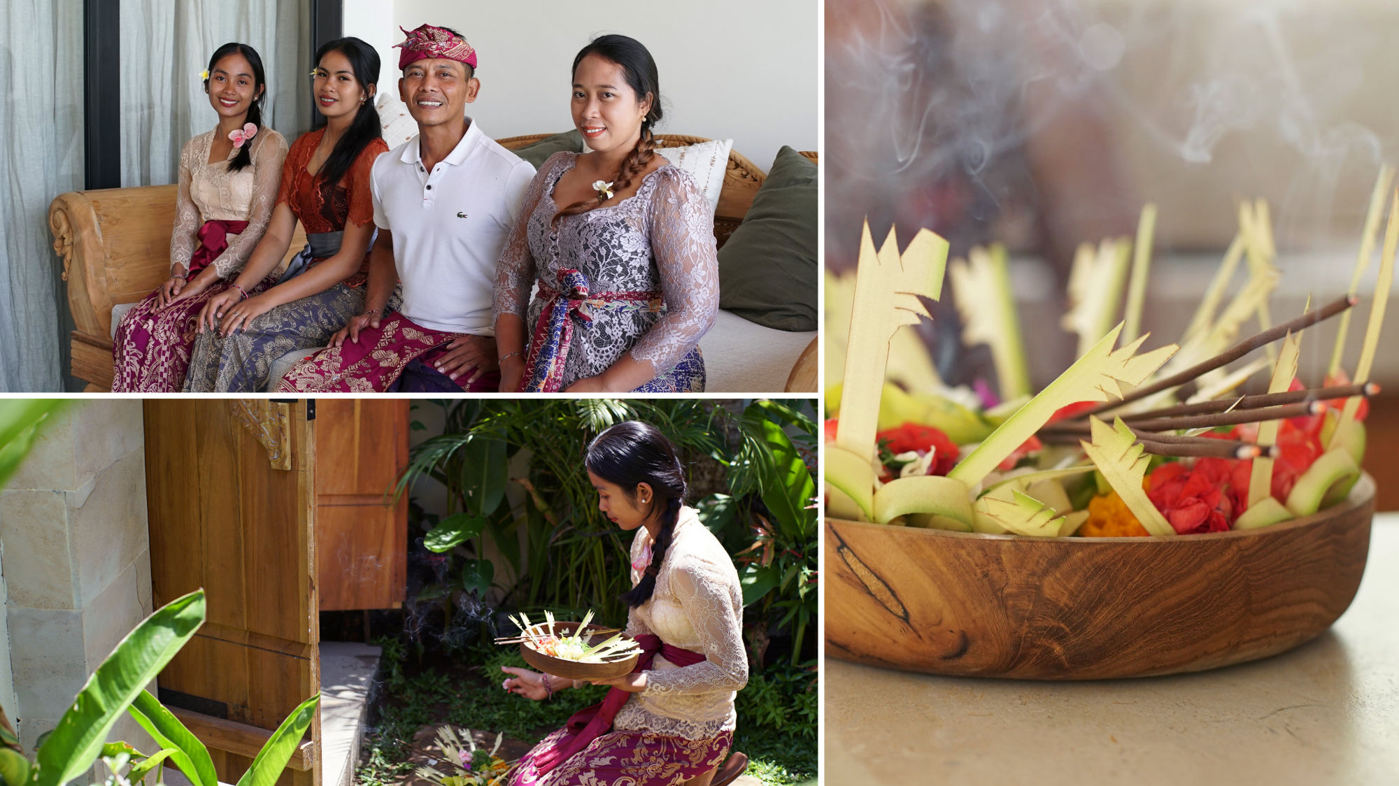 Balinese housekeeping staff and traditional Hindu offering at Villa Svara Amed in. 