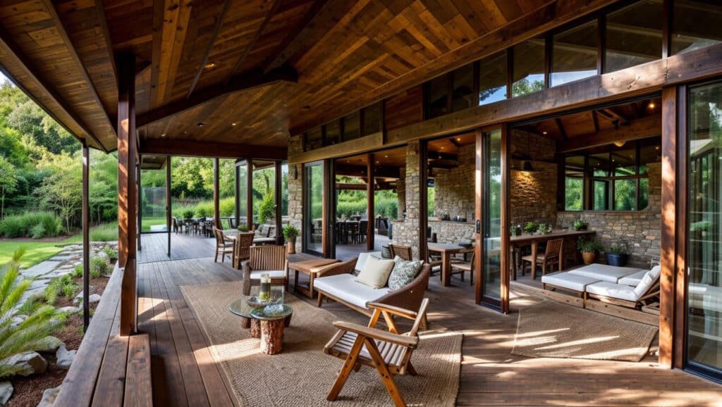 Outdoor seating on a balcony of a villa for rent in Amed looking over tropical scenery.