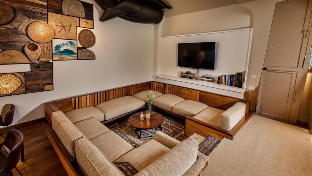 Living room with sunken sofa and TV on the wall in a rental villa in Amed, Bali.