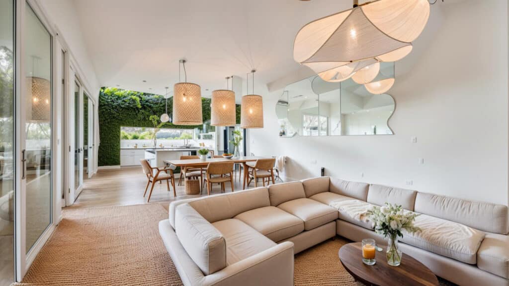 Living Room with Sunken Sofa and Open Plan Dining Area.