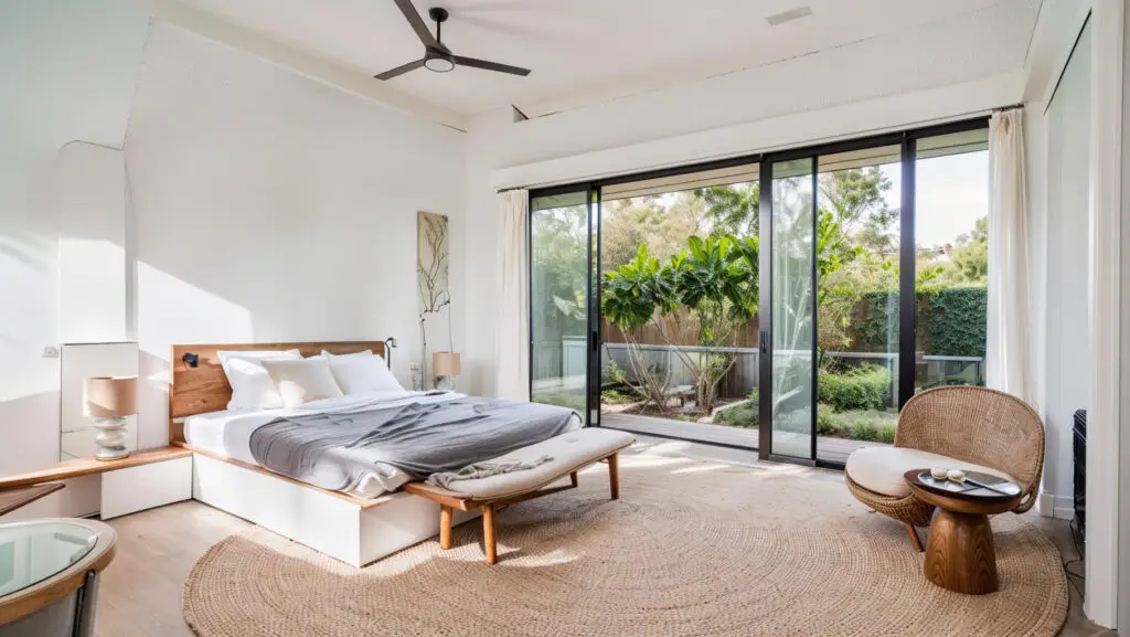 Guest bedroom on ground floor with sliding door that open onto poll decking and tropical garden.