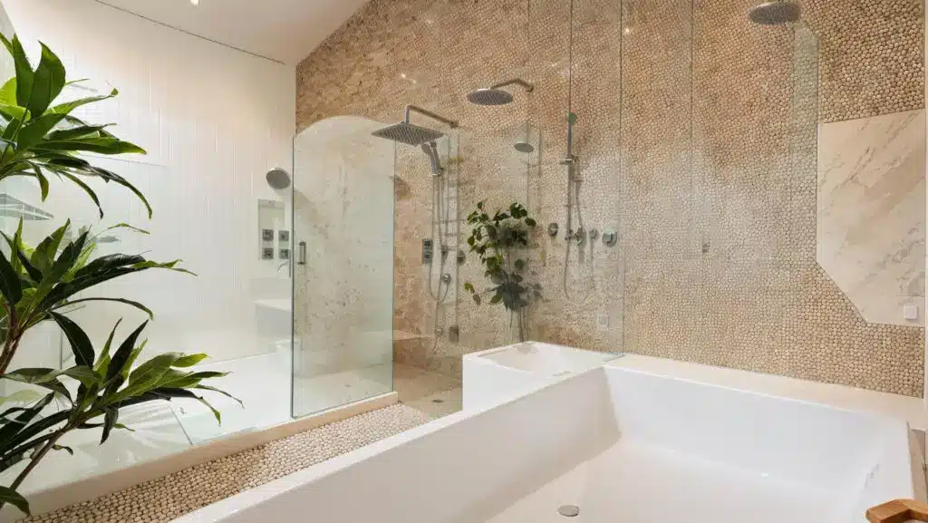 Master bathroom decorated in Balinese style with large bathtub and rain shower.