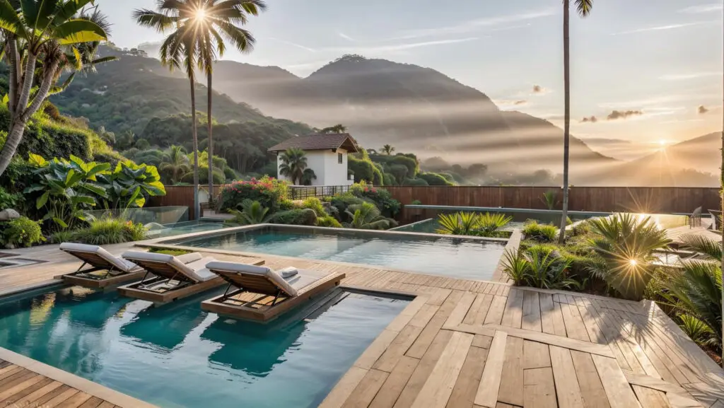 Sun loungers on pool decking overlooking the garden with ocean views down the valley.