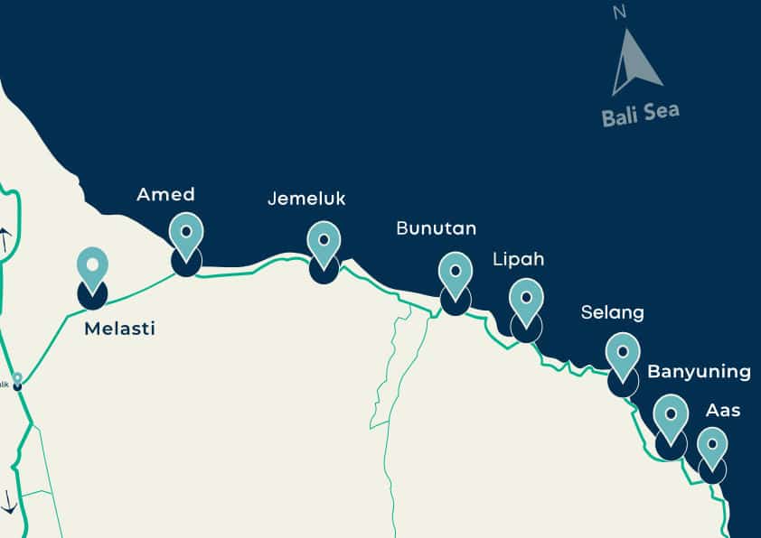 Map of Amed Beach in Bali showing seven villages along the 14k, coastline