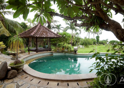 Swimming pool with pagoda under a frangipani tree in the gardens of a beachfront villa in Amed, Bali.